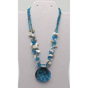 Handcrafted Blue Glass Pendant Necklace Beads Shell Accents By Cookie Johnson